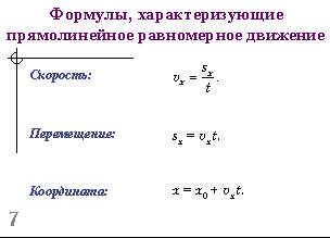 Формулы, характеризующие прямолинейное равномерное движение