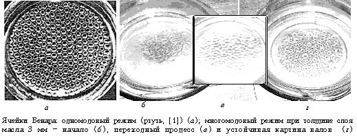 Ячейки Бенара: одномодовый режим (ртуть, [1]) (а); многомодовый режим при толщине слоя масла 3 мм – начало (б), переходный процесс (в) и устойчивая картина валов (г)