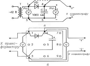 Рис. 14. Принципиальная (а) и монтажная (б) схемы
