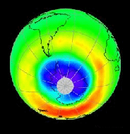 Дыра в озоновом слое в 2003 г. (тёмная область вблизи полюса)