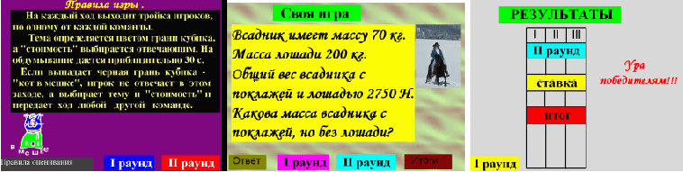 Листы электронного конспекта «Правила игры», «Вопрос “Своей игры“», «Итоги игры»