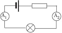 На рисунке представлена электрическая цепь состоящая из источника тока лампочки и двух амперметров